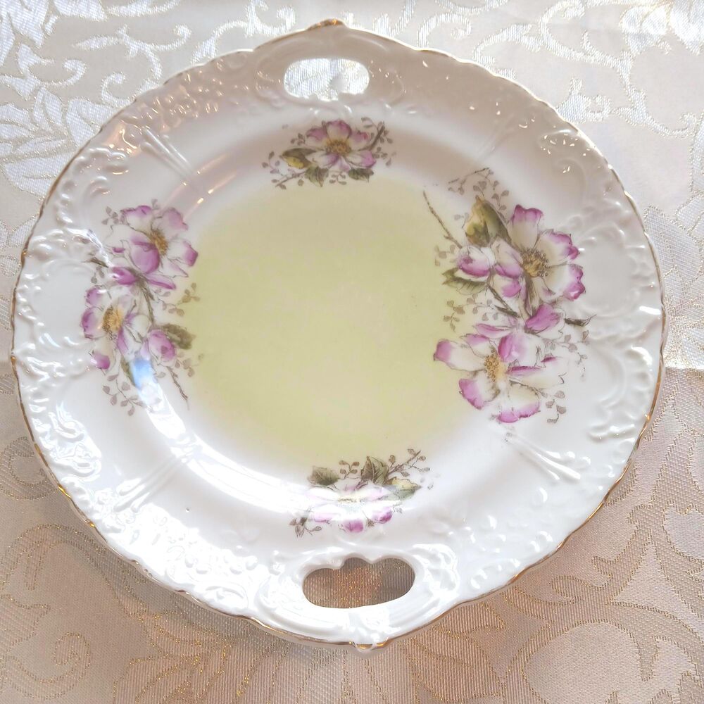 Antique Floral two handled Plate Purple Pink flowers with Green Center